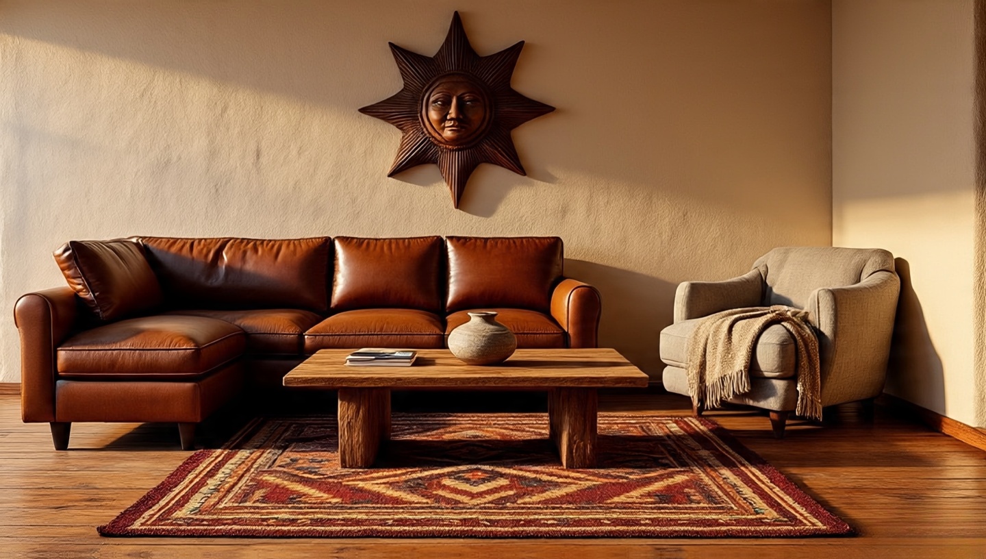 Layered Southwestern living room with textured plaster walls, leather sofa, linen chair, restrained Navajo-pattern wool rug, and a single statement artifact