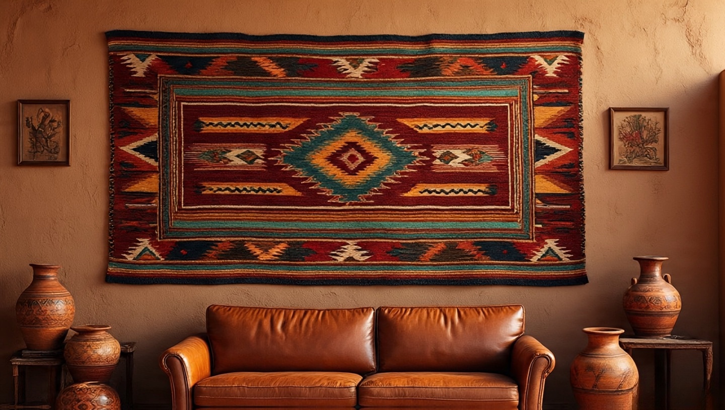 Southwestern rug hanging as wall art in an adobe-inspired living room with leather sofa and clay pottery