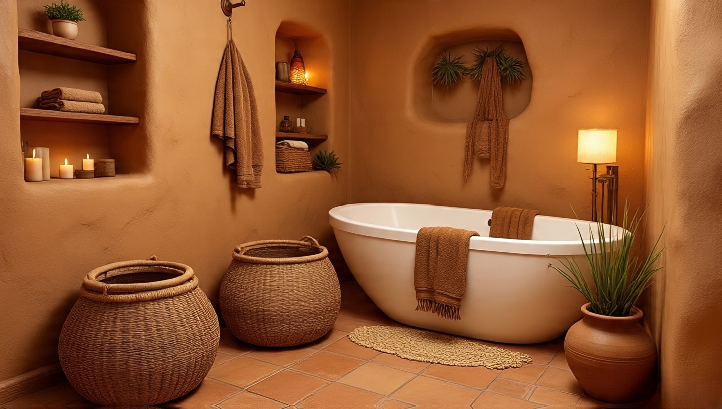 Spa-like Southwestern bathroom with adobe walls, terracotta floor, candles, rustic wood and clay accents