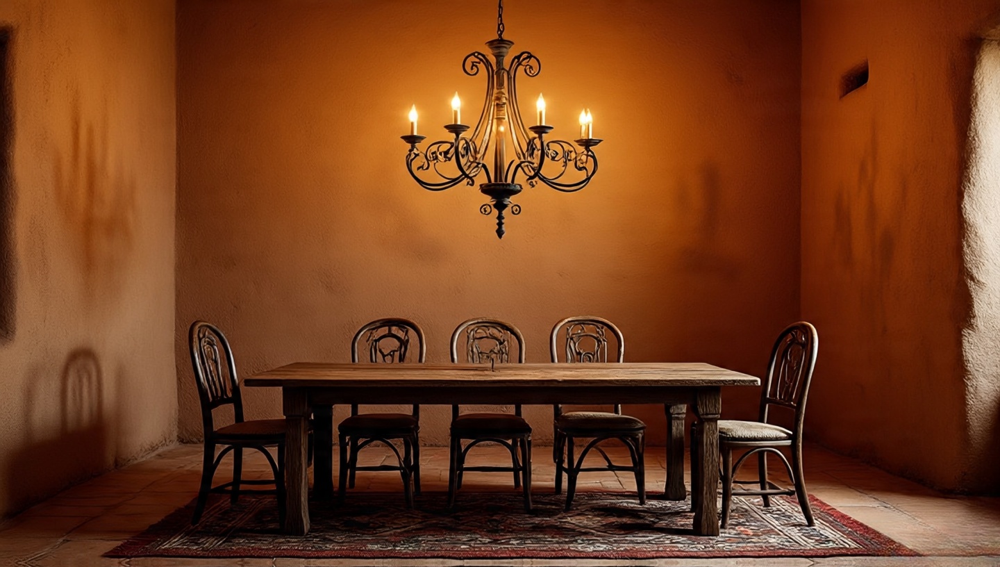 Wrought iron chandelier in a Southwestern dining room with adobe walls and warm Edison bulbs