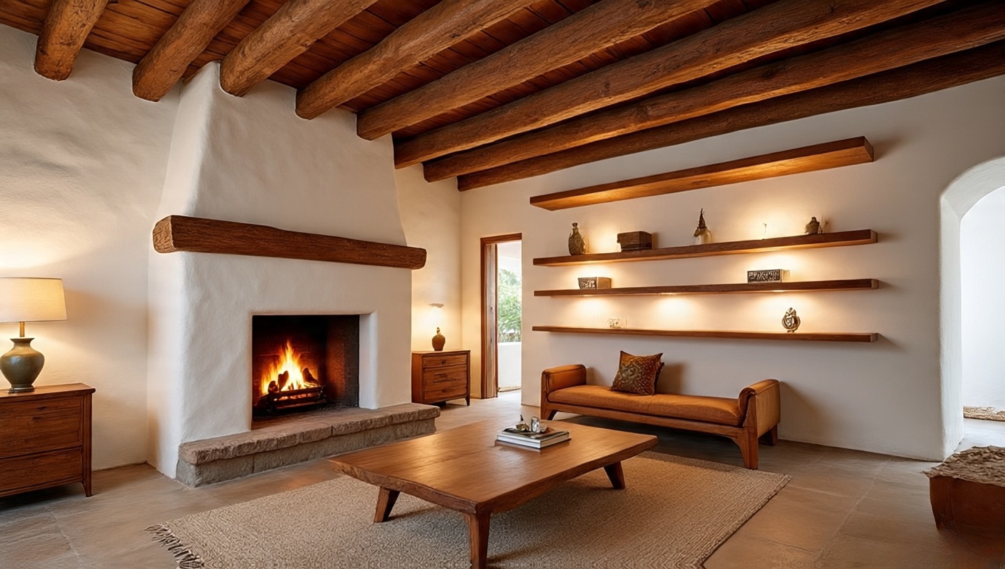 Southwestern and mid-century modern living room with whitewashed adobe walls, exposed wooden beams, and a kiva fireplace as the architectural foundation