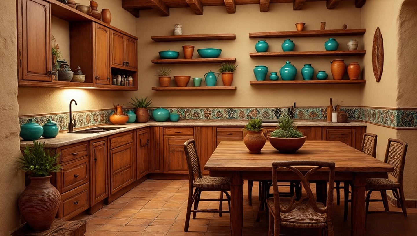 Southwestern kitchen with earthy tones, rustic wood, plaster walls, and desert-inspired decor