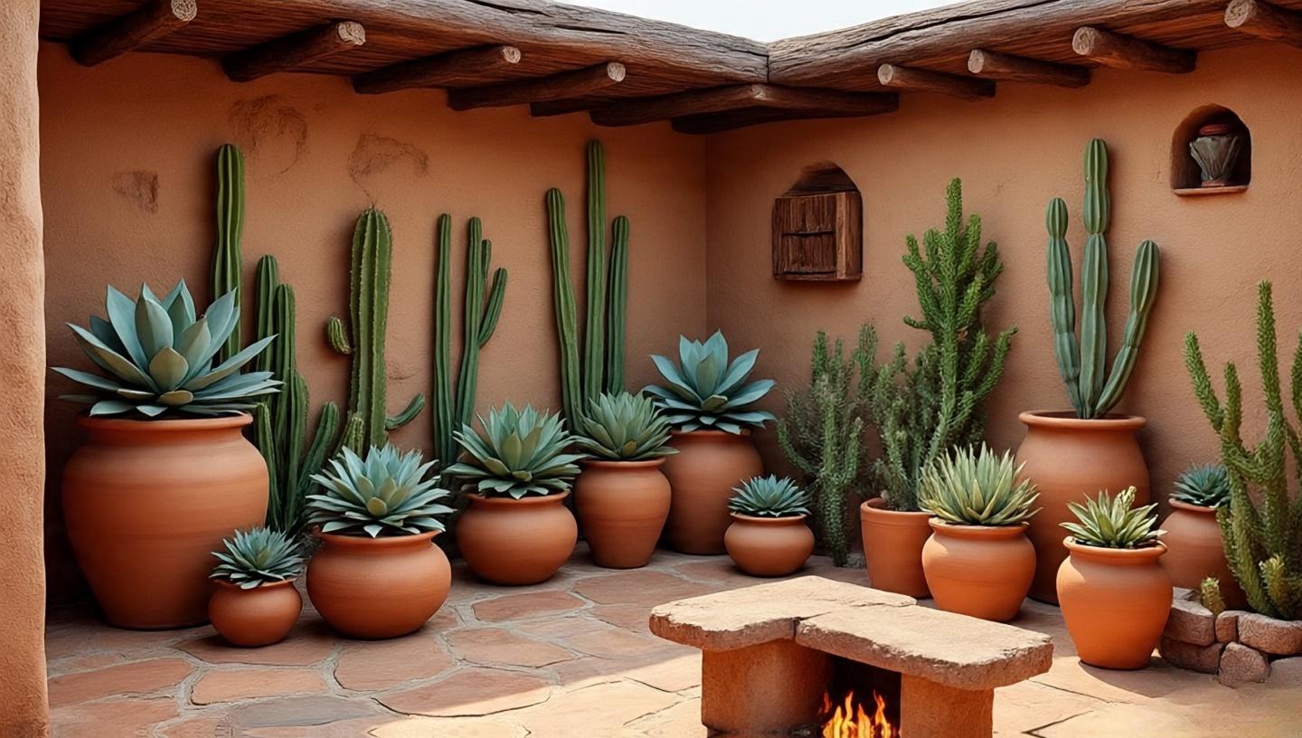 Southwestern-inspired backyard patio with adobe wall, terracotta pots, succulents, and rustic stone textures at golden hour