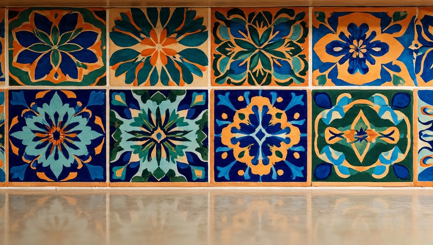 Southwestern kitchen close-up of creamy travertine countertop with hand-painted Talavera tile backsplash, showcasing earthy tones and rustic textures