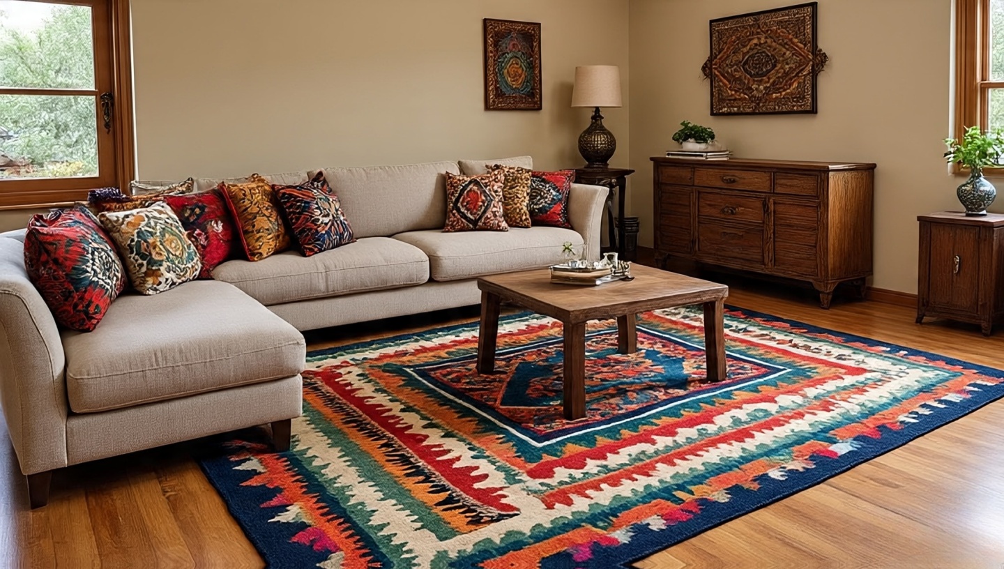 Balanced Southwestern interior with geometric patterns against neutral walls and furniture