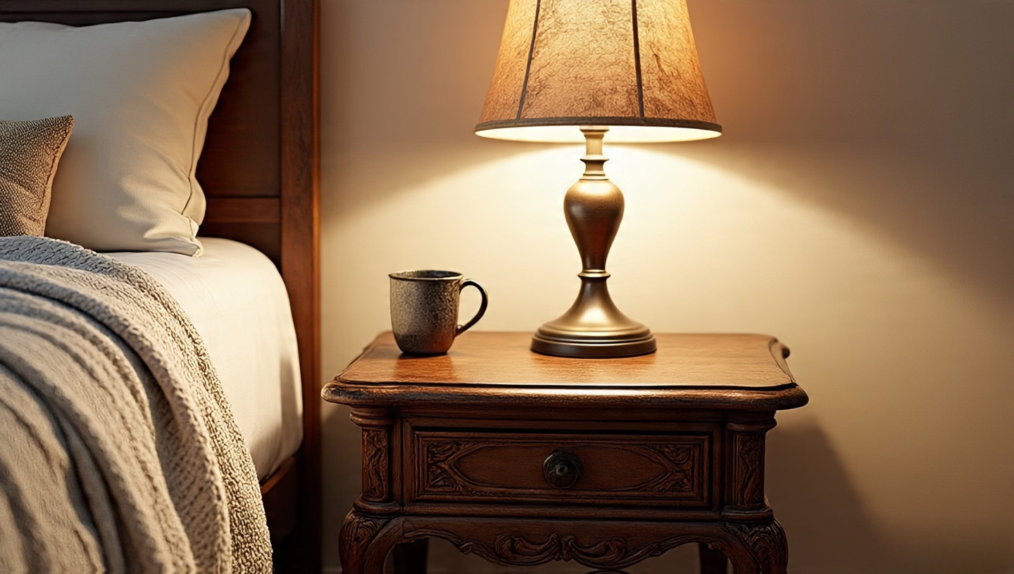 Bedroom bedside vignette with a burnished brass table lamp on a nightstand