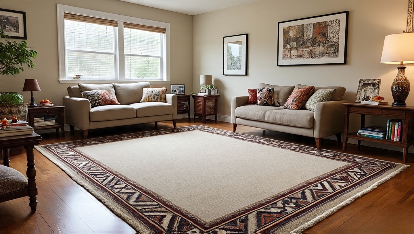Southwestern rug with borders organizing busy living space