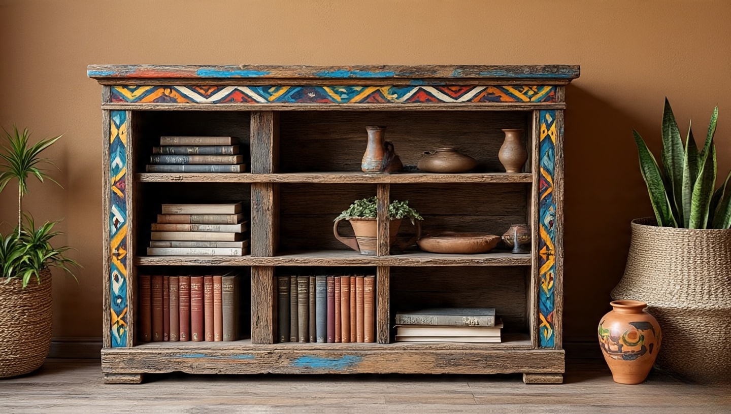 Distressed wood bookshelf with painted tribal motifs displaying books and Southwestern pottery