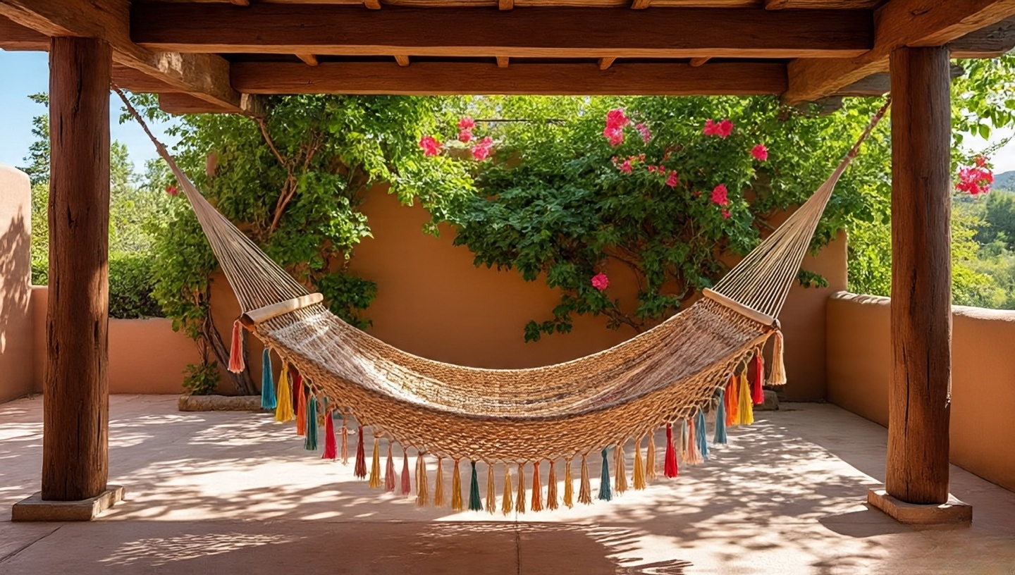 Handwoven hammock hung under pergola for relaxing in Southwestern patio setting