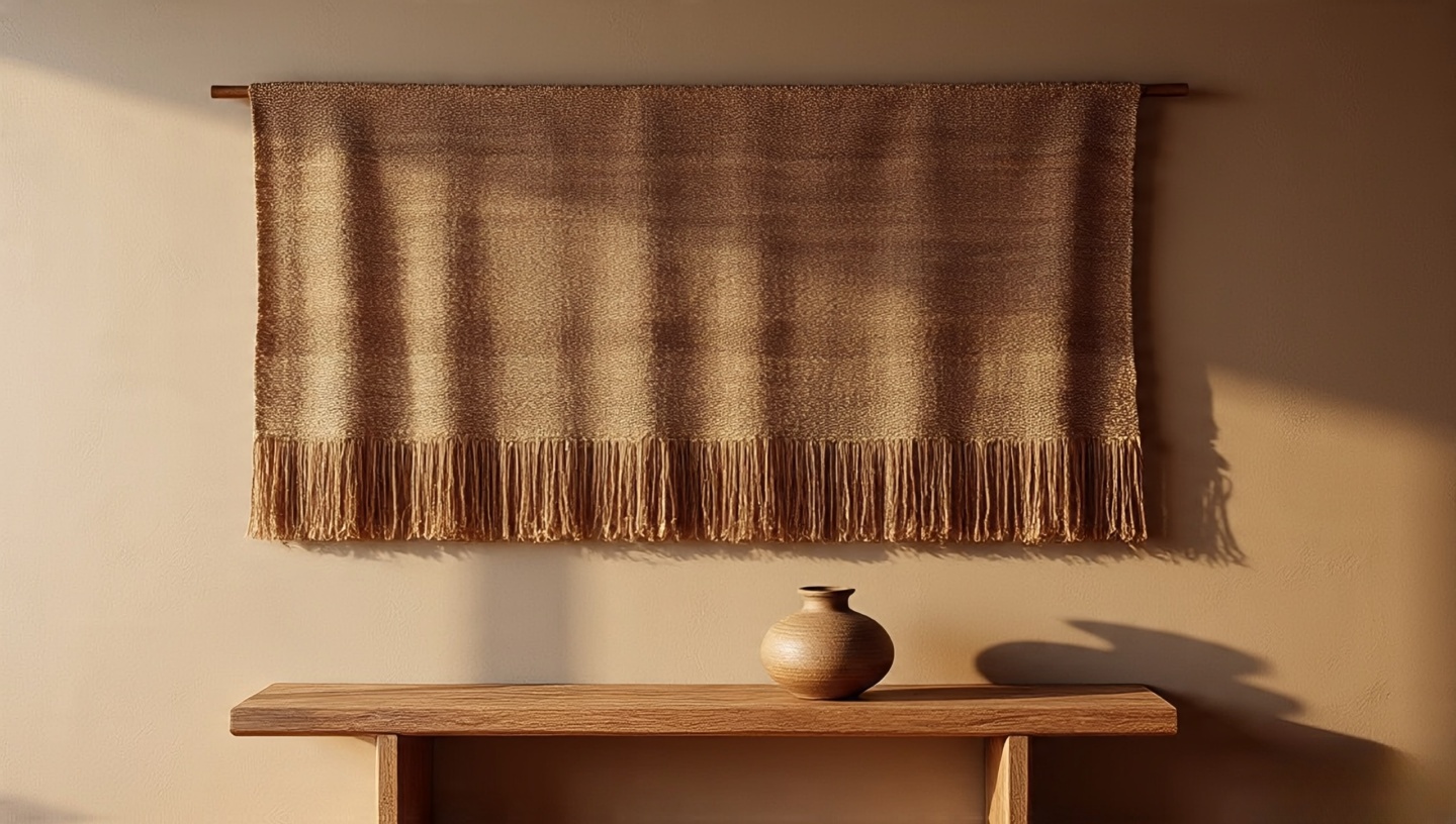 Handwoven wall hanging tapestry in earth tones adding warmth and artistry to Southwestern interior