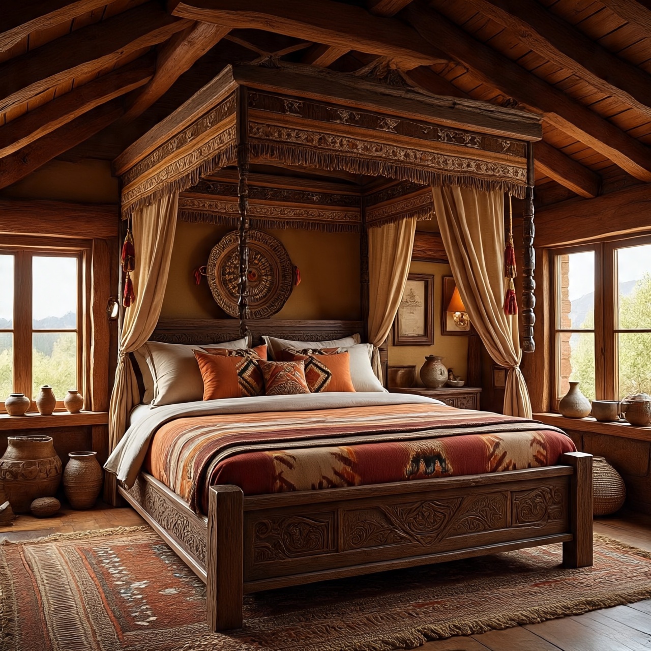 Southwestern style canopy bed with earth-toned fabrics