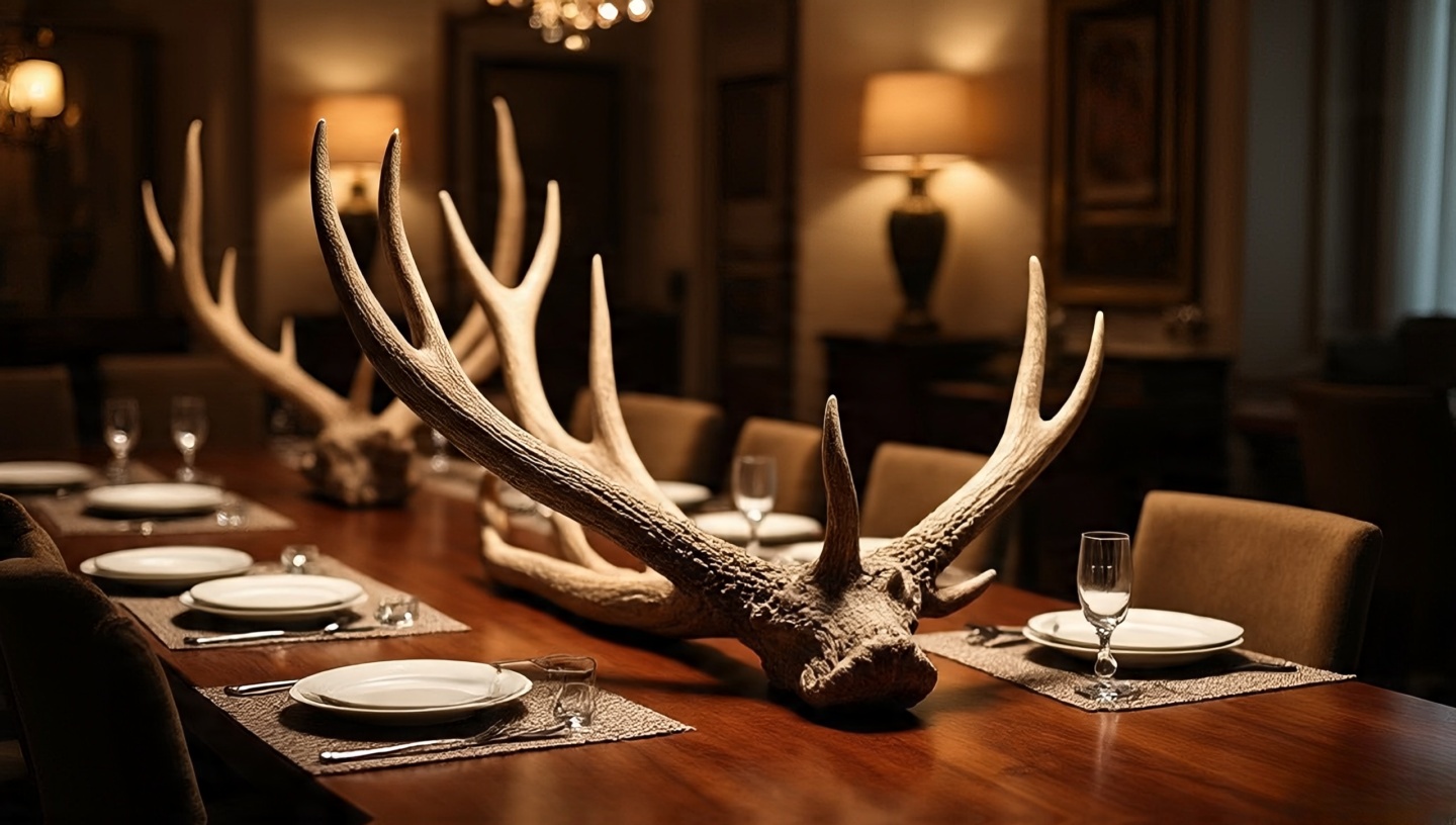 Refined Southwestern dining room using antler accents as natural sculpture