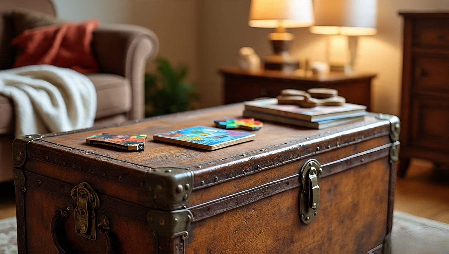 Weathered antique trunk used as coffee table with waxed wood finish