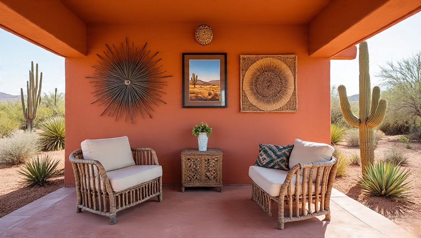 Southwestern wall art featuring desert motifs and sun symbols on patio walls