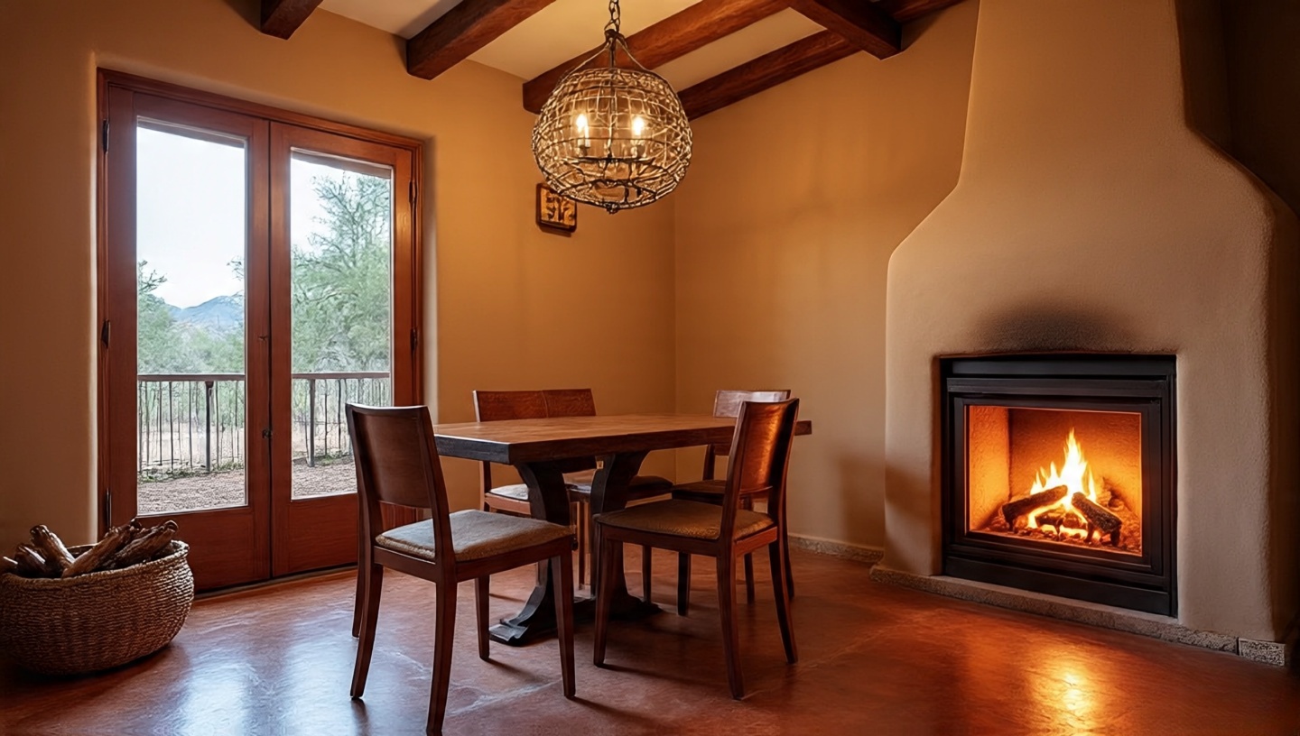 Intimate fireplace nook built beside a dining area for cozy gatherings