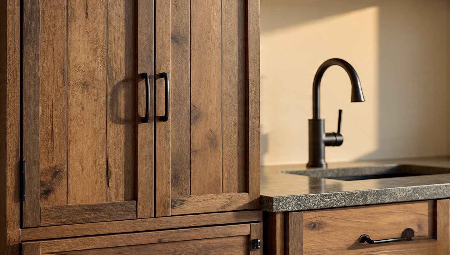 Mixed metals and wood with bronze hardware and reclaimed wood creating contrast in Southwestern design