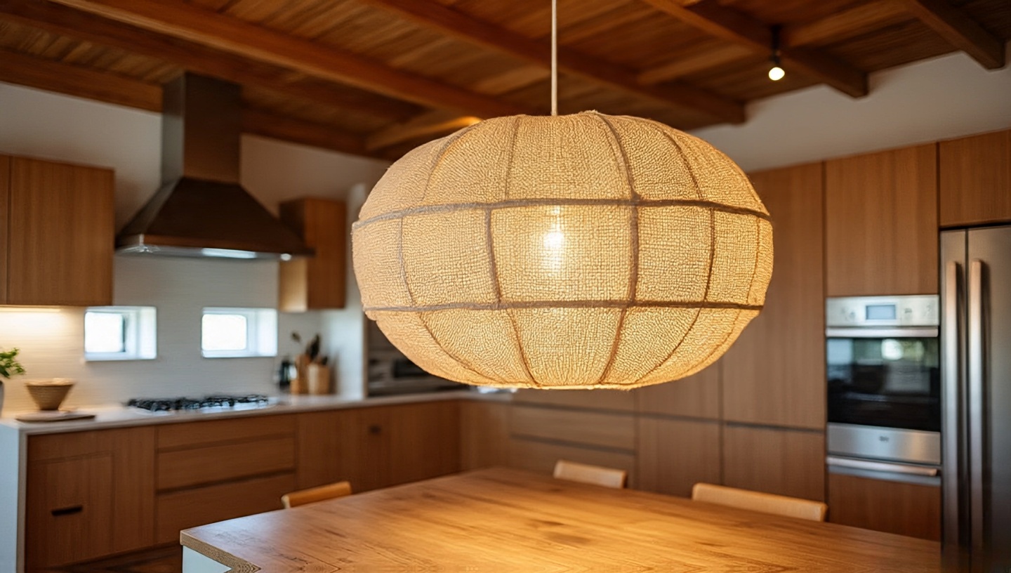 Open plan kitchen with wide drum pendant lights wrapped in tribal-printed fabric