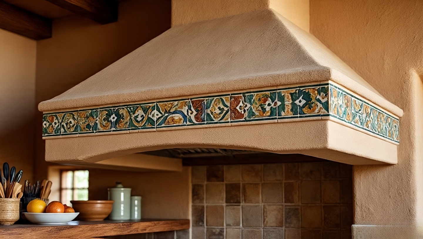 Stucco-finished range hood with hand-painted tile trim