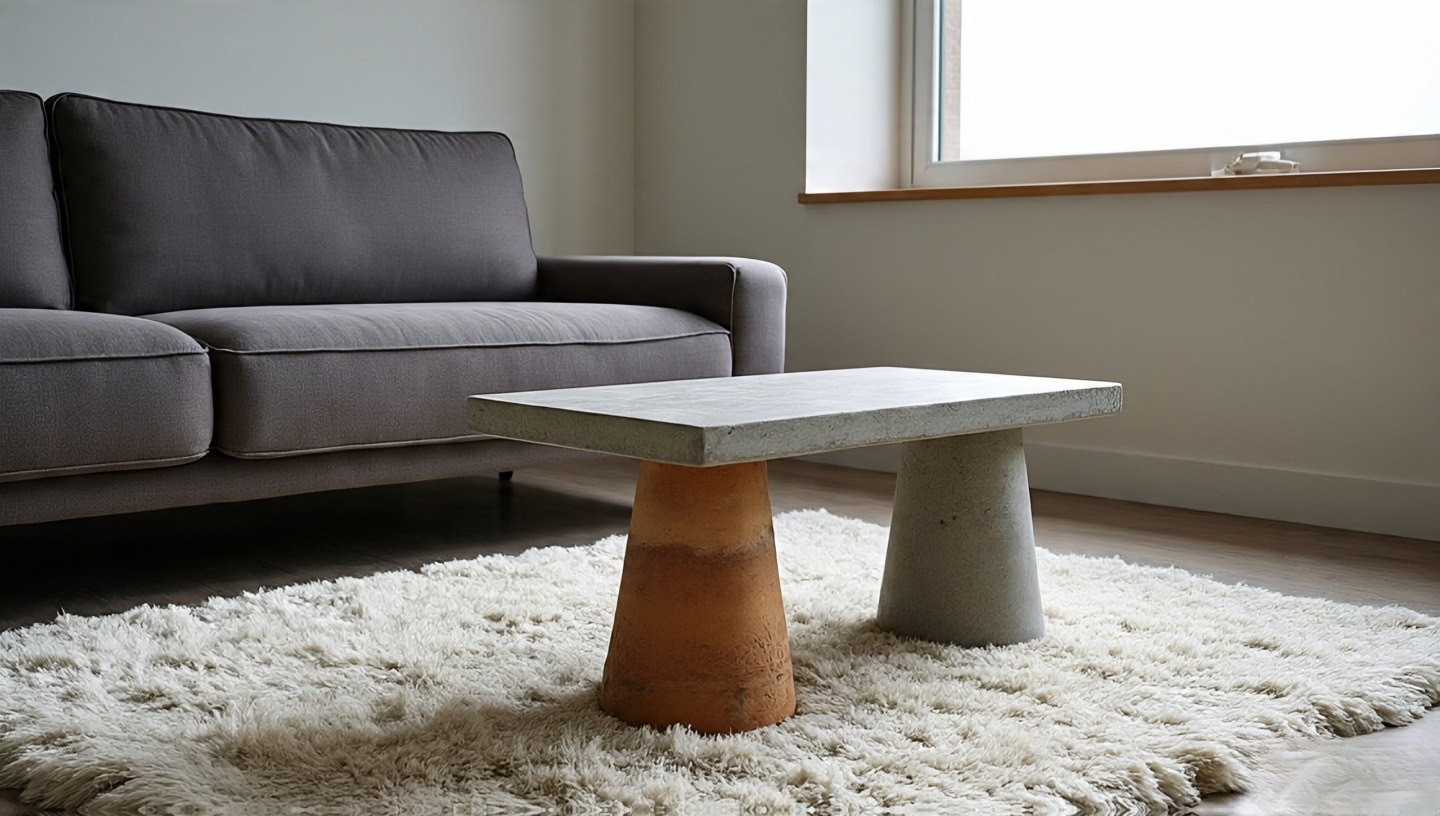 Modern-meets-rustic mix with streamlined sofa, handmade clay lamp, concrete bench, and shaggy wool rug