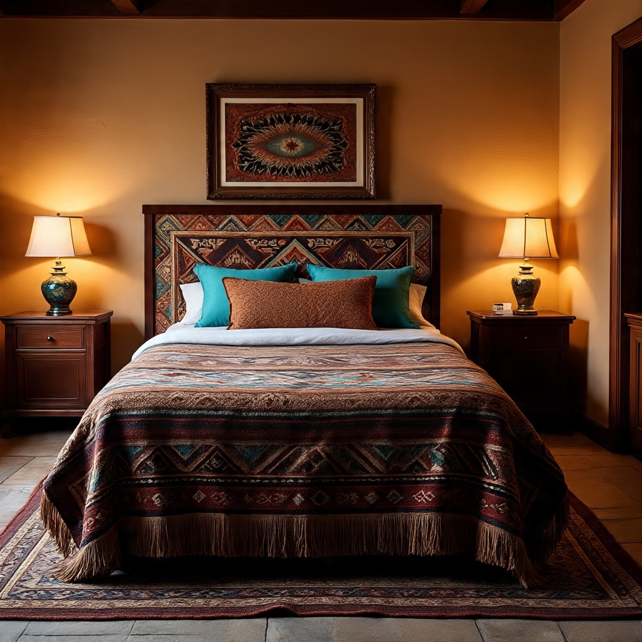 Vintage Southwestern prints and artwork in bedroom
