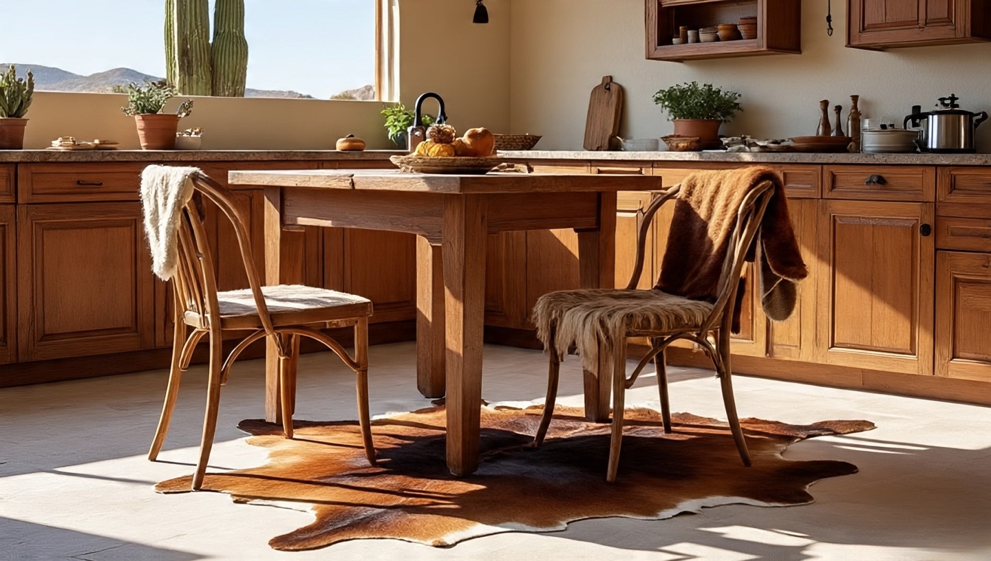 Cowhide rug under a wooden kitchen table