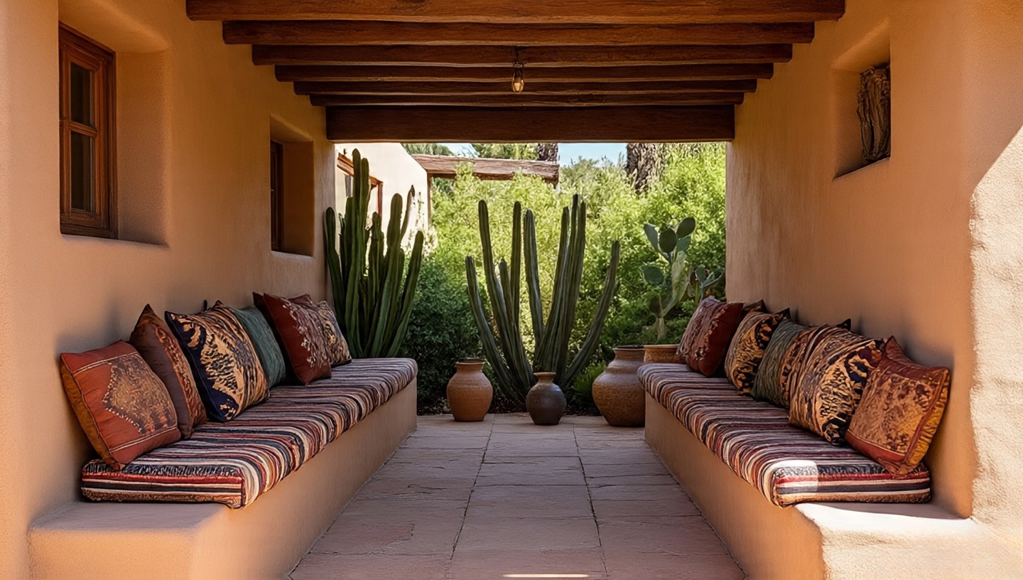 Built-in adobe benches with colorful cushions in Southwestern patio seating area
