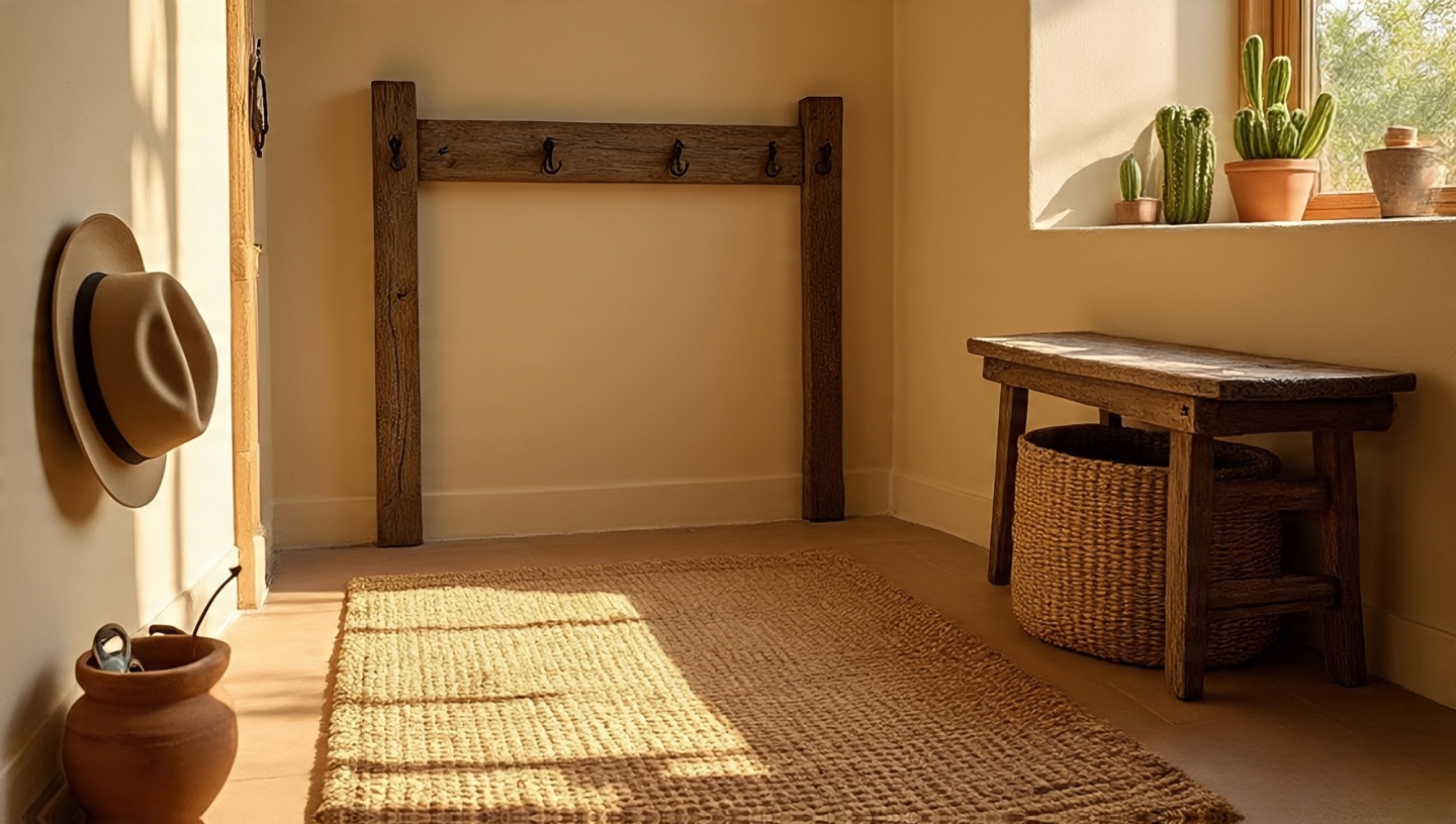 Welcoming entry: weathered bench, hook rail, narrow runner, and clay bowl for keys