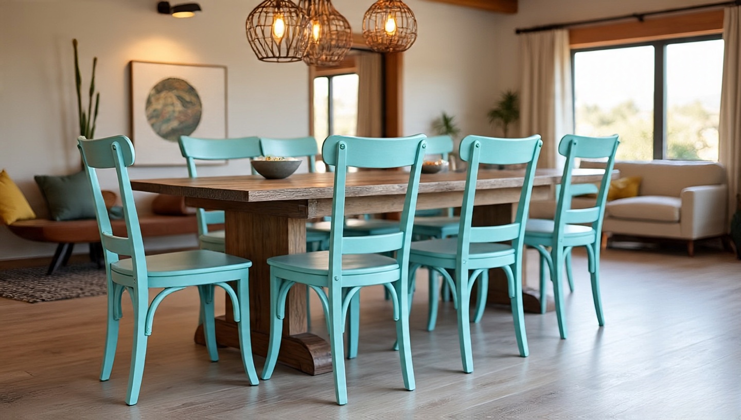 Classic ladder-back dining chairs painted in soft turquoise for a Southwestern dining set