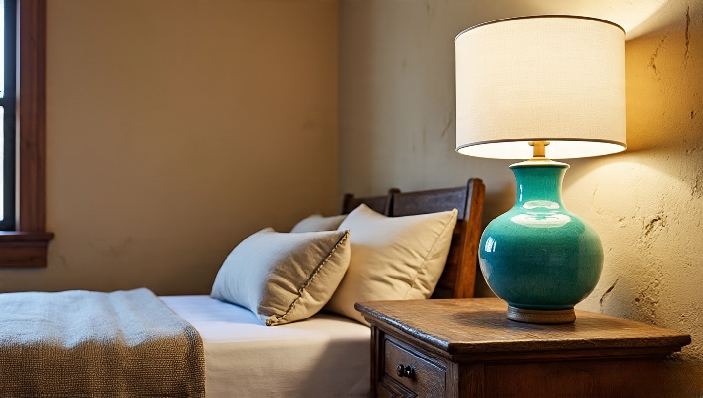 Pair of turquoise ceramic lamps on rustic nightstands in a Southwestern guest room