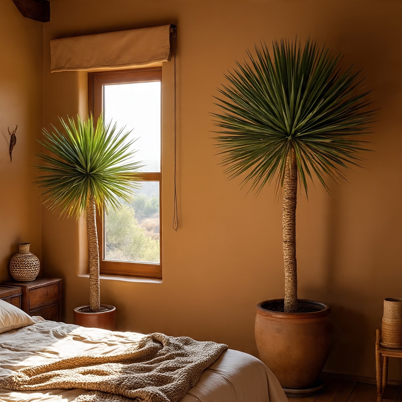 Potted yucca plants in Southwestern bedroom decor