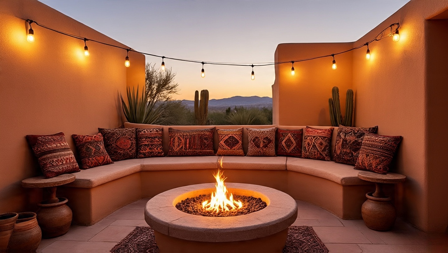 Southwestern outdoor patio with string lights, colorful cushions and fire pit for desert-inspired entertaining