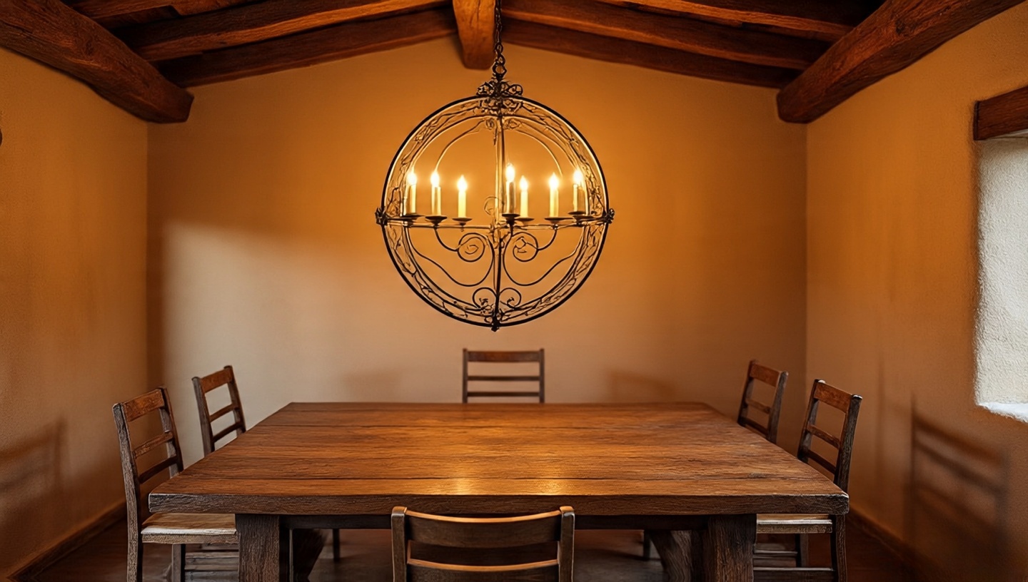 Centered composition of a circular wrought iron chandelier with candle bulbs