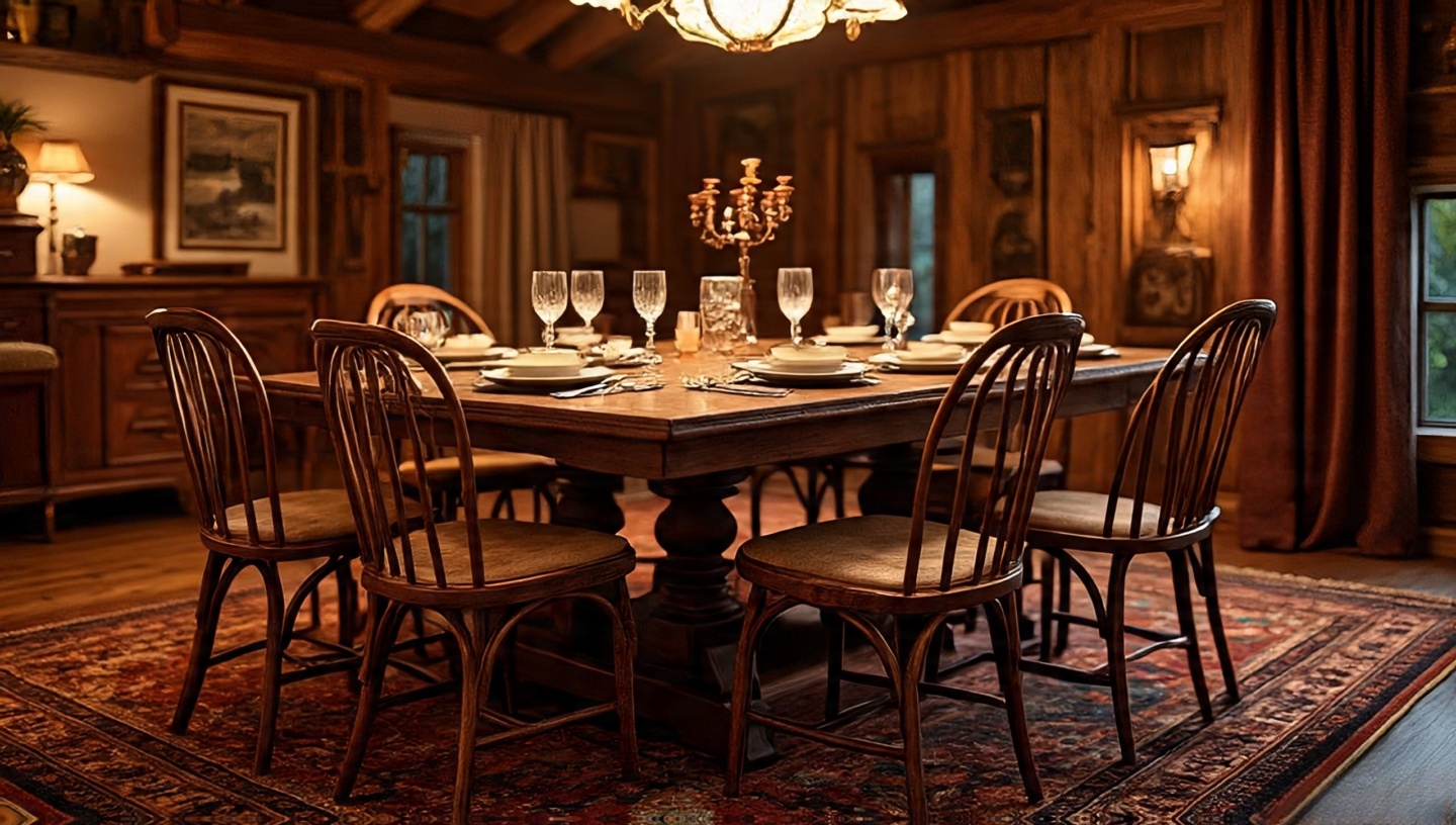 Dining room with cozy Southwestern rug