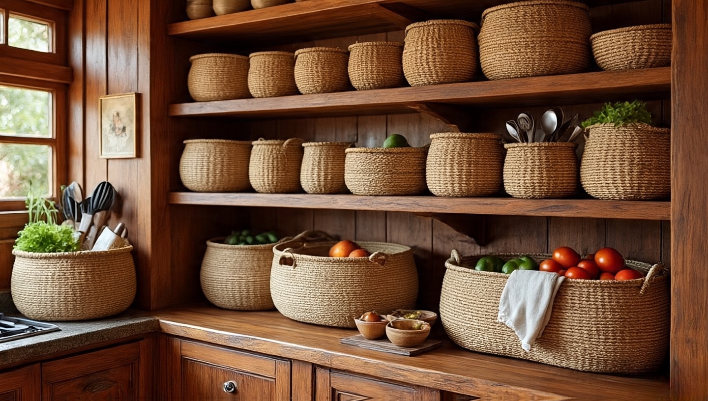 Woven baskets used for kitchen storage on open shelves