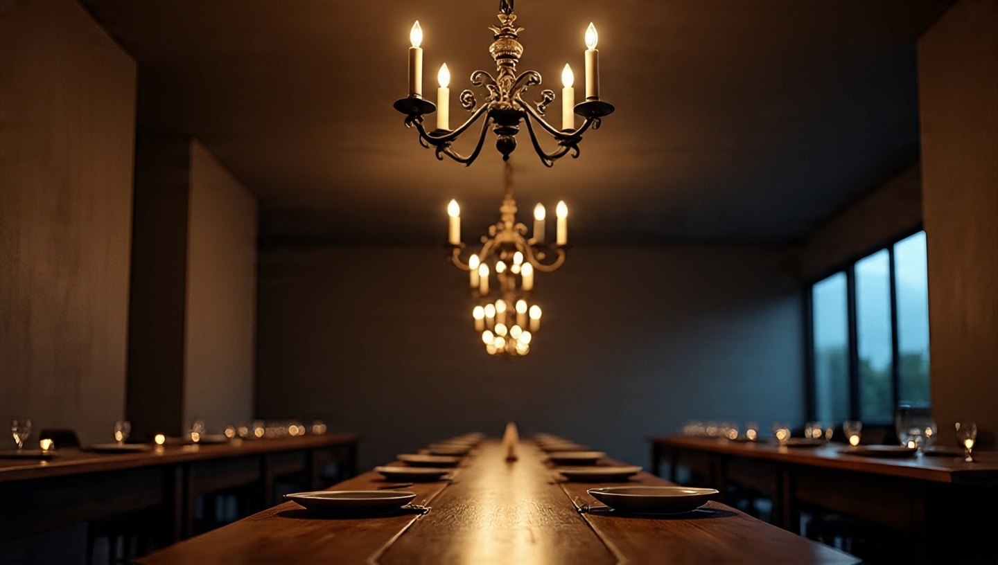 Long modern dining hall with an iron candelabra chandelier and candle-style bulbs