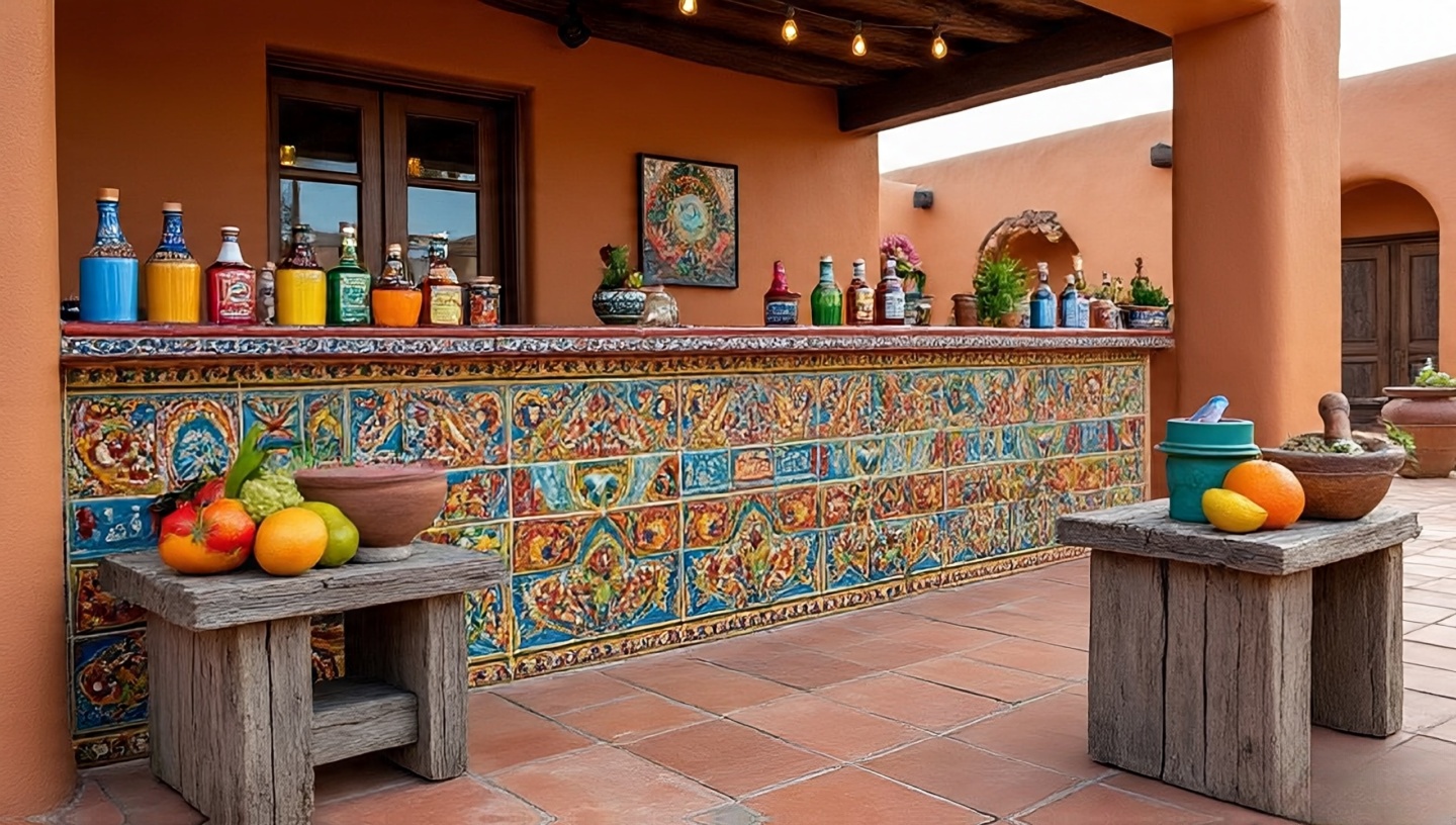 Southwestern-style outdoor bar with Talavera tile counter and rustic shelving