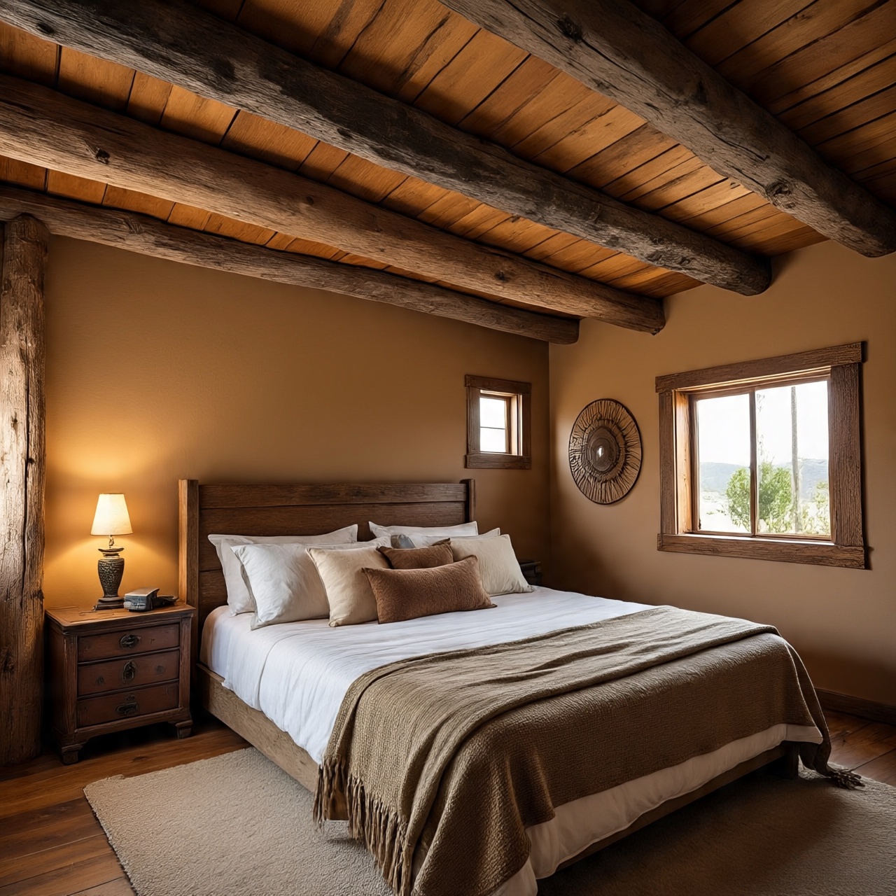 Rustic wooden ceiling beams in Southwestern bedroom