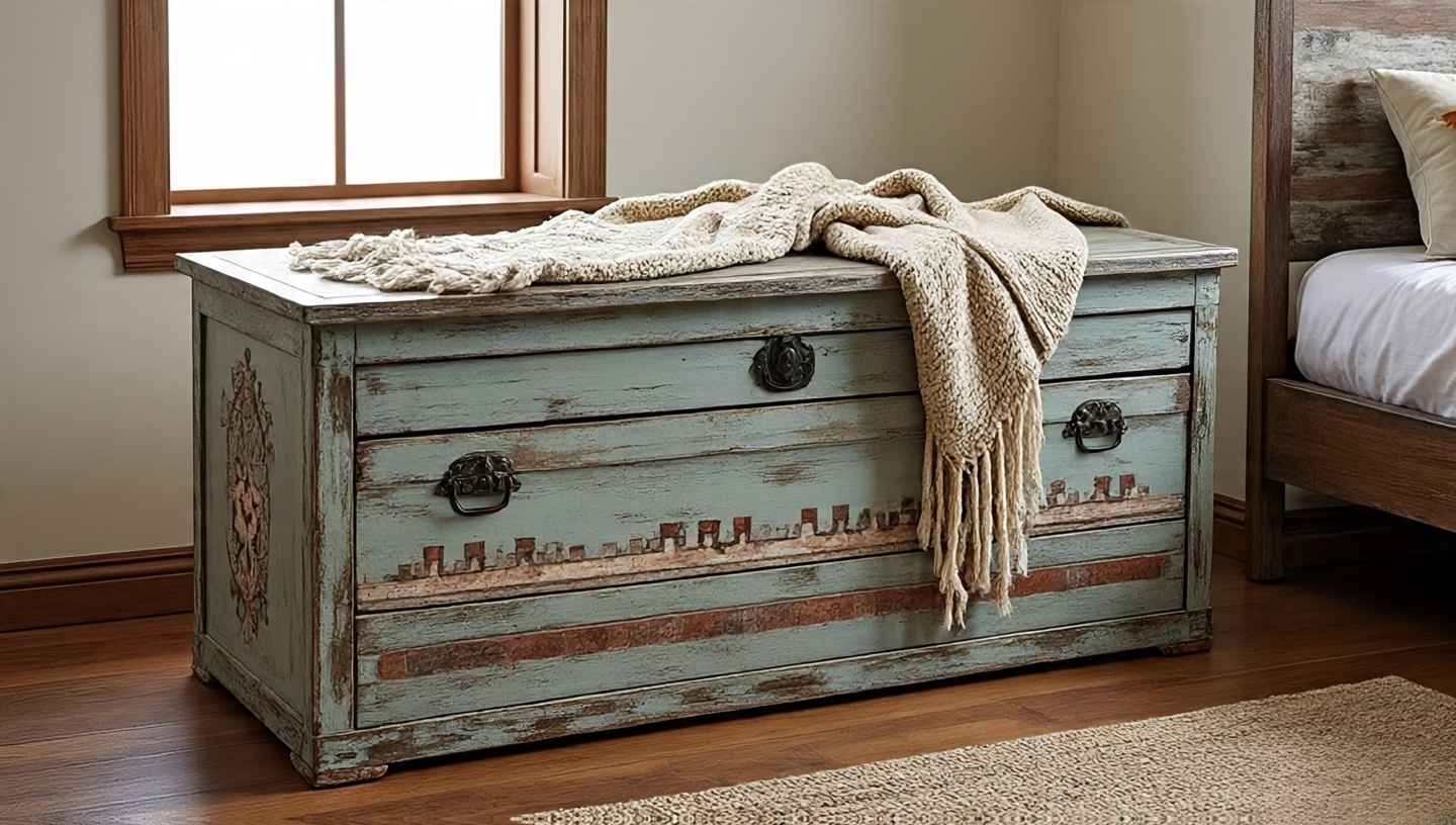 Large weathered rustic storage chest used as a design anchor in a Southwestern bedroom