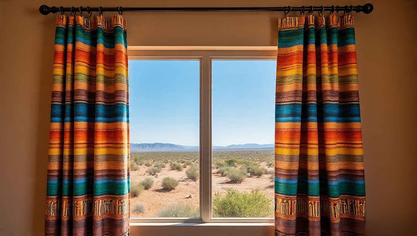 Linen curtains with Southwestern border patterns on iron rods