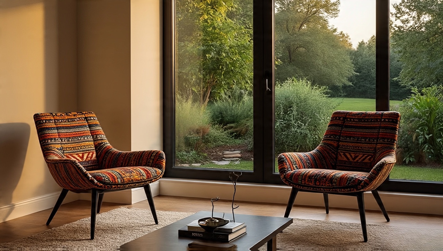 Tribal print accent chairs as visual anchors in understated Southwestern living space