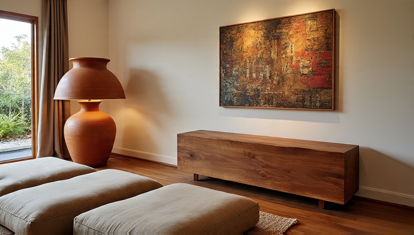Right-scale choices: oversize clay lamp on substantial console and low, soft seating for human scale