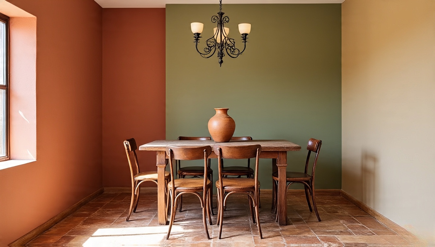 Southwestern theme dining room using color blocking with earthy tones on walls