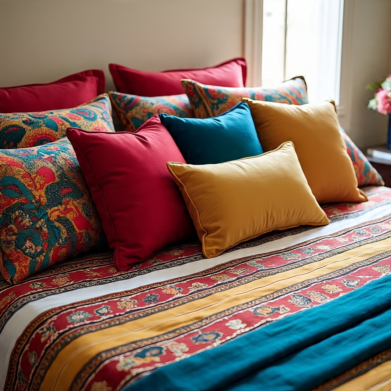 Colorful Southwestern patterned throw pillows on bed