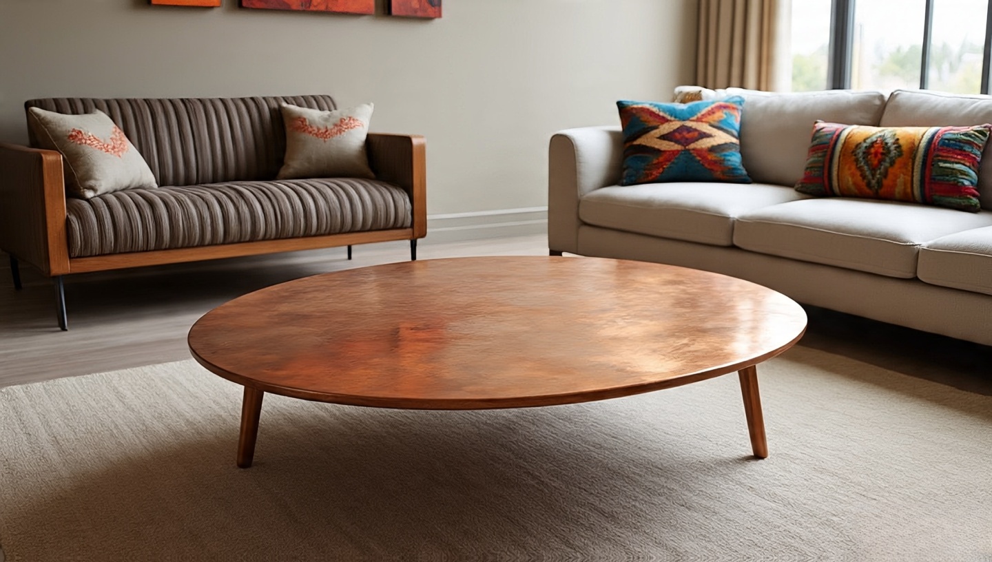Coffee table with natural copper top developing patina in a Southwestern living room