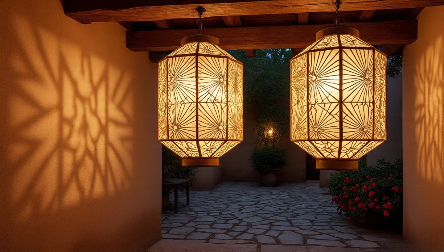 Desert courtyard at twilight featuring etched glass lanterns with sunburst patterns