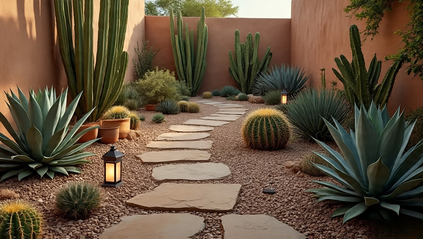 Desert pathway made of flagstone leading through Southwestern patio garden