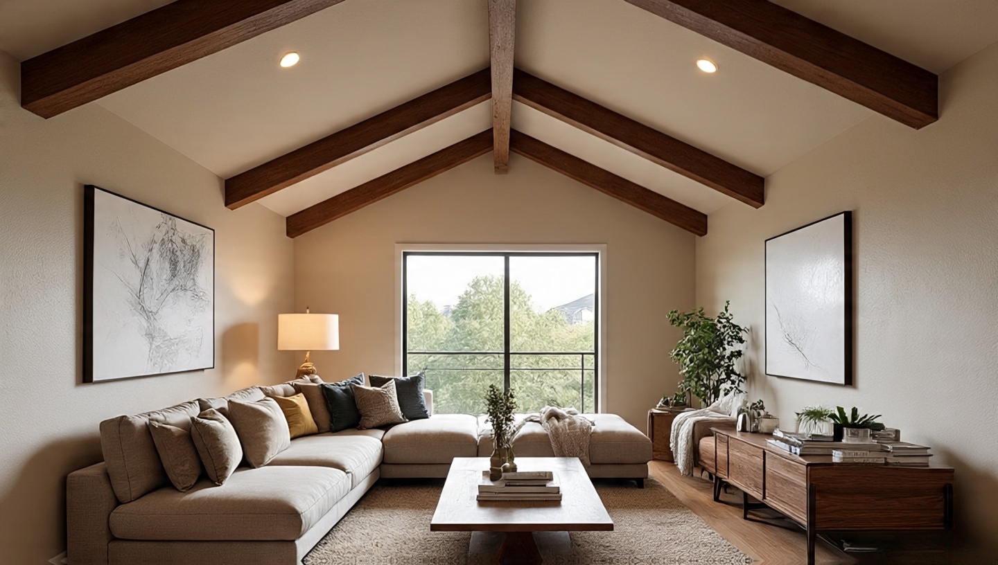Vaulted ceiling with visible wooden trusses in Southwestern living room