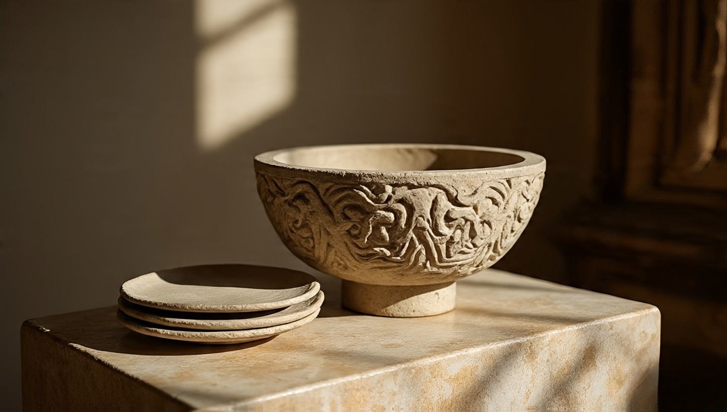 Elemental materials vignette: carved stone bowl, raw-edged travertine side table, unglazed clay plates