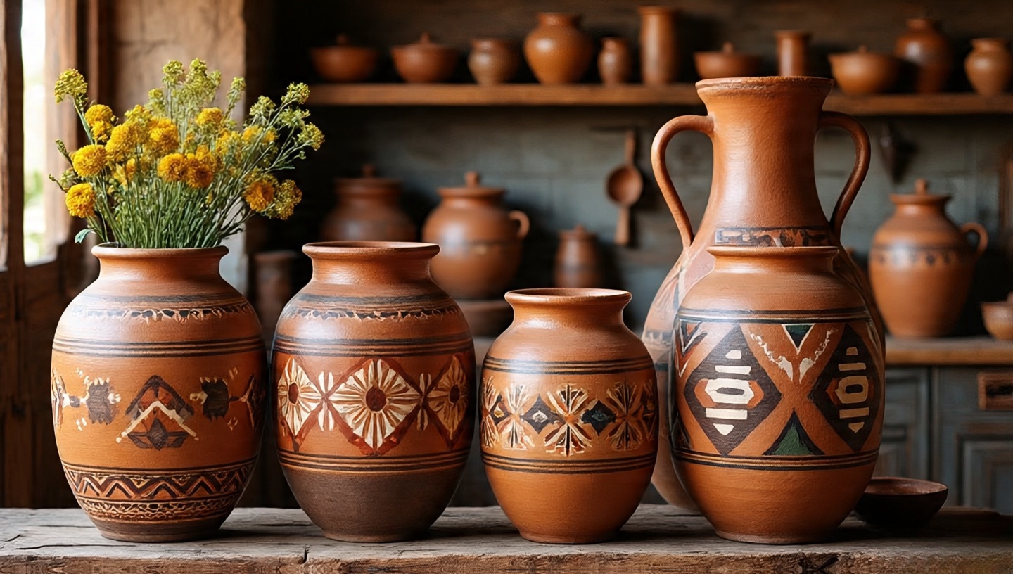 Large clay water jugs as decorative kitchen elements