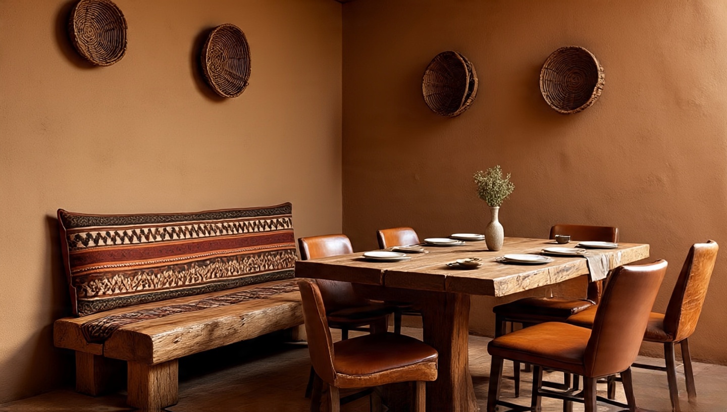 Long rustic dining table with bench seating on one side in a Southwestern style